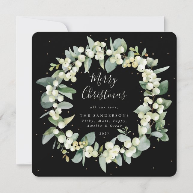 Cartes Pour Fêtes Annuelles Chic Carré Snowberry+Eucalyptus couronne de Noël (Devant)