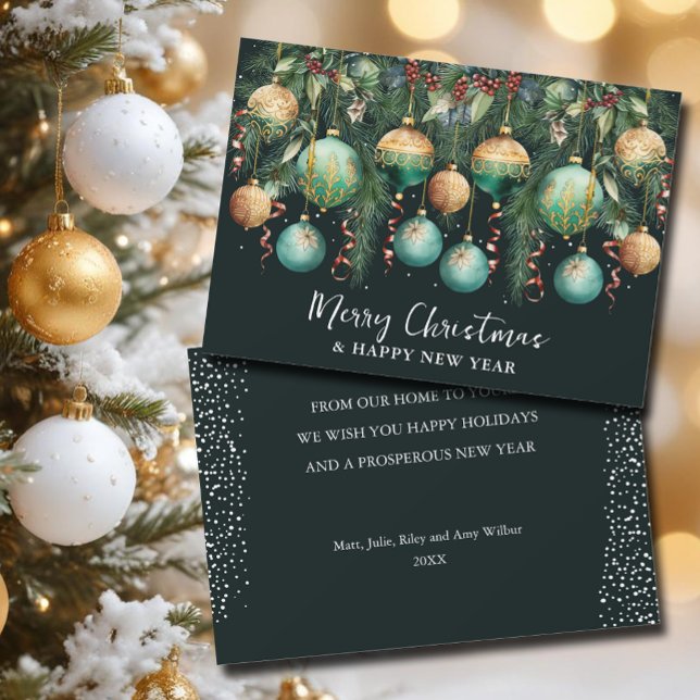 Cartes Pour Fêtes Annuelles Chic Christmas Tree Ornaments (Chic Merry Christmas gold and green tree ornaments flat holiday greeting cards)