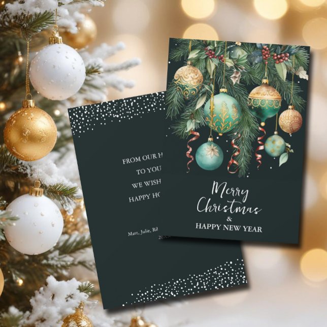 Cartes Pour Fêtes Annuelles Chic Christmas Tree Ornaments Flat (Chic green and gold Christmas tree ornaments flat holiday greeting cards)