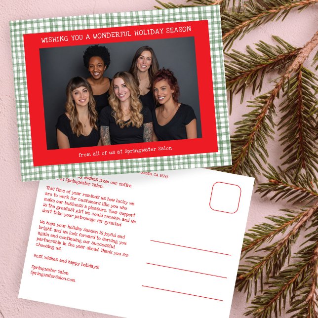 Cartes Pour Fêtes Annuelles Chic Gingham Red Green Christmas Custom Business  (Chic Gingham Red Green Christmas Custom Photo Business Corporate Office Holiday Postcard
)
