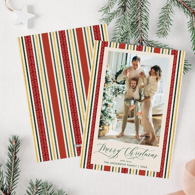 Cartes Pour Fêtes Annuelles Chic Grandmillennial Stripes Joyeux Noël Photo (Créateur téléchargé)