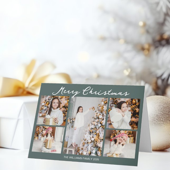 Cartes Pour Fêtes Annuelles Chic Grey Green Christmas Photo Collage Folded (Créateur téléchargé)