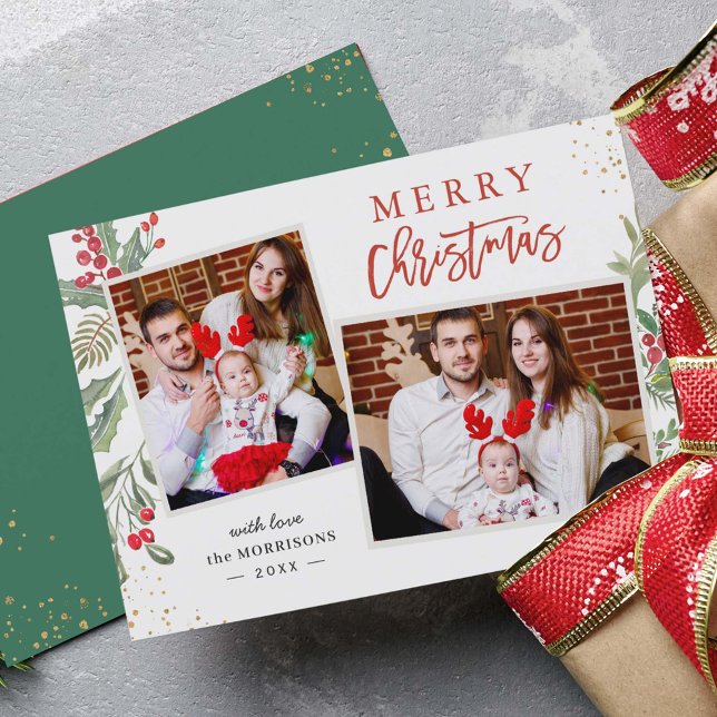 Cartes Pour Fêtes Annuelles Chic Holly Berries Joyeux Noël 2 Photo (Créateur téléchargé)
