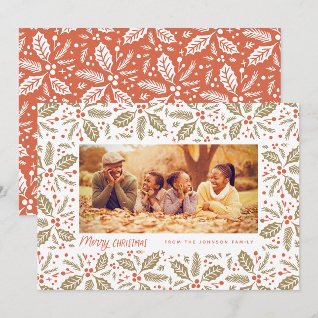 Cartes Pour Fêtes Annuelles Chic Holly Frame Photo Noël (Devant / Derrière)