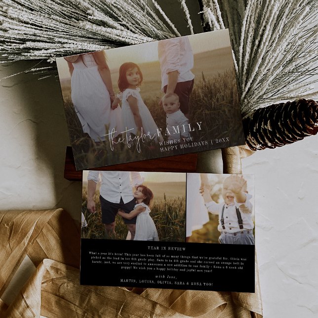 Cartes Pour Fêtes Annuelles Chic moderne | Black Photo Overlay Family News (Créateur téléchargé)