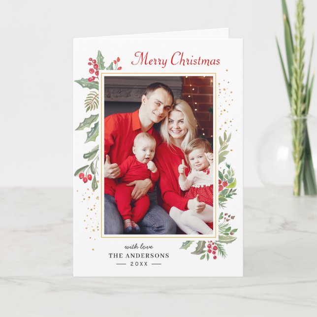 Cartes Pour Fêtes Annuelles Chic moderne Holly Berries Joyeux Noël Photo (Devant)