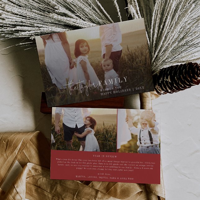 Cartes Pour Fêtes Annuelles Chic moderne | Red Photo Overlay Family News (Créateur téléchargé)