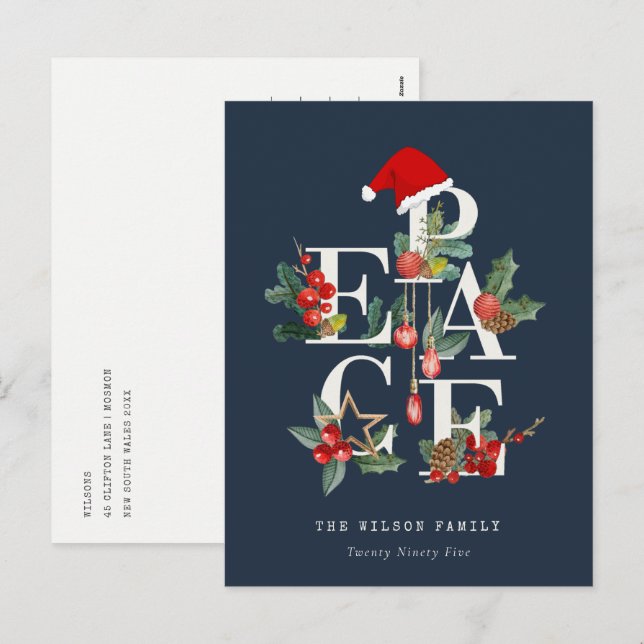 Cartes Pour Fêtes Annuelles Chic Navy Rouge Vert Blanc Paix Noël (Devant / Derrière)