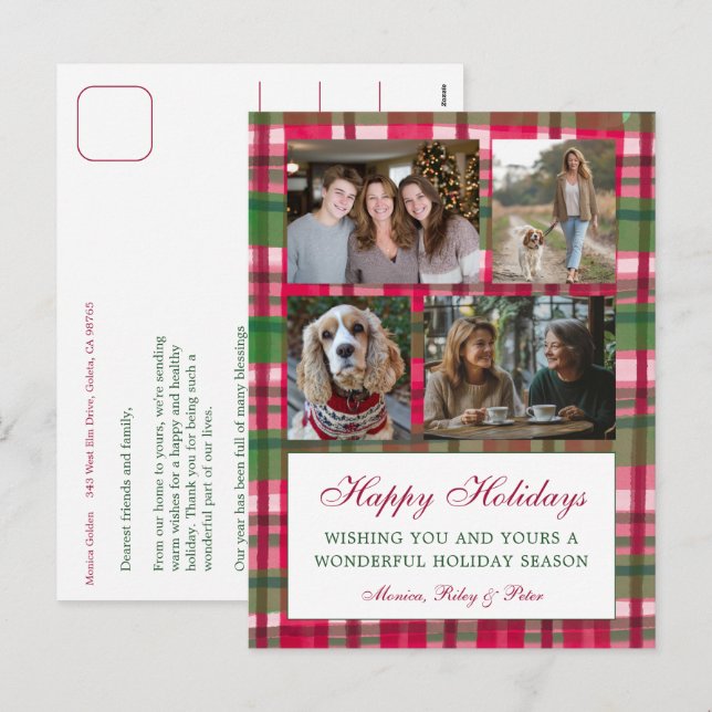 Cartes Pour Fêtes Annuelles Chic Plaid Christmas Custom 4 Photo Collage (Devant / Derrière)