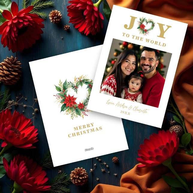 Cartes Pour Fêtes Annuelles Chic Poinsettias Christmas Heart-Shape Garland (Chic Poinsettias Christmas Heart-Shape Garland Photo and Joy to the World Quote Holidays Cards.)