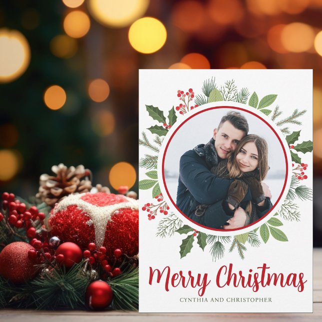 Cartes Pour Fêtes Annuelles Chic Red Joyeux Noël Wreath Couple Photo (Créateur téléchargé)