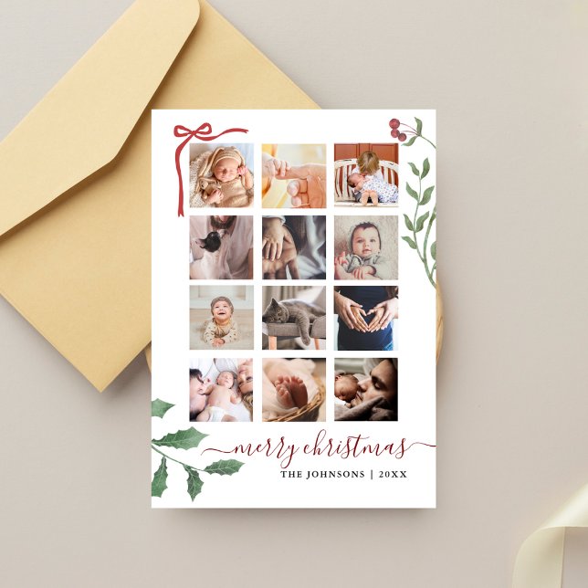 Cartes Pour Fêtes Annuelles Chic Script 12 Photo Collage Botanical Christmas  (Créateur téléchargé)