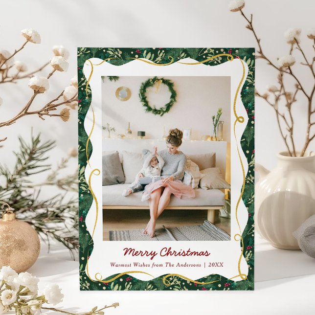 Cartes Pour Fêtes Annuelles Chic Vert foncé Botanique Noël 1 Photo (Créateur téléchargé)