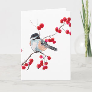 Cartes Pour Fêtes Annuelles CHICKADEE & BERRIES ROUGES par SHARON SHARPE