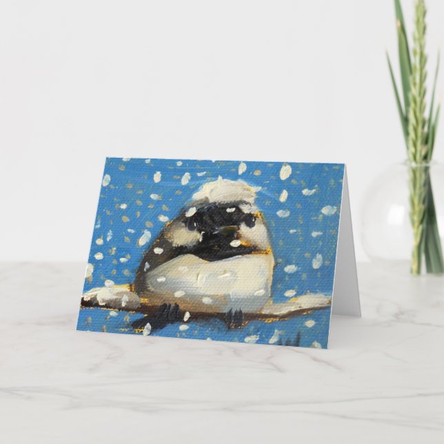 Cartes Pour Fêtes Annuelles Chickadee d'hiver avec des flocons de neige (Devant)