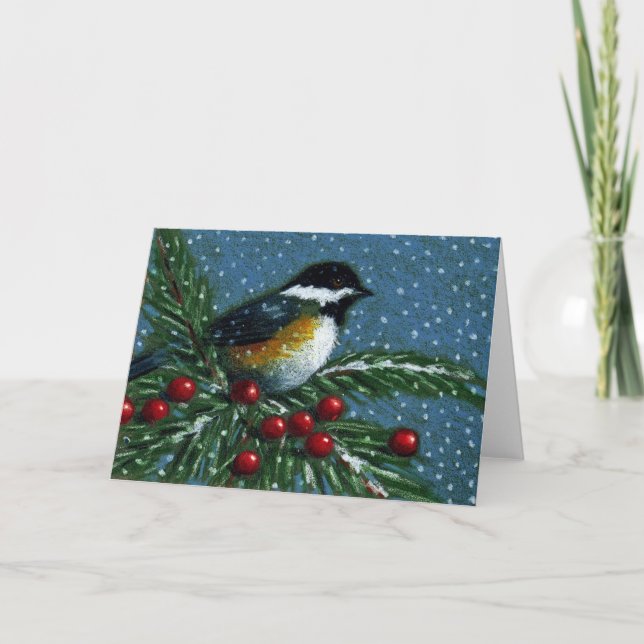CARTES POUR FÊTES ANNUELLES CHICKADEE SUR LA BRANCHE DE NEIGE (Devant)