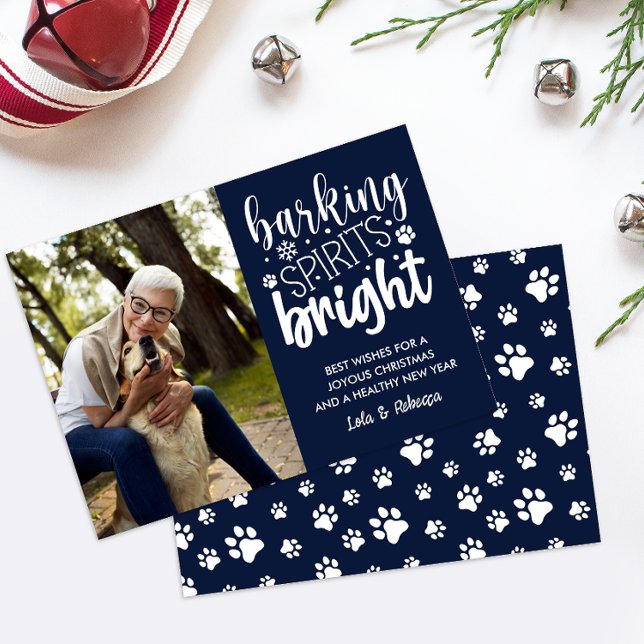 CARTES POUR FÊTES ANNUELLES CHIEN BARRE ESPRIT BRIGHT PAWS MARINE NOËL (NAVY WHITE PET OR DOG THEMED PHOTO CARD FOR ANIMAL LOVER ADD YOU FURRY FRIEND FOTO DIGITAL DOWNLOAD)