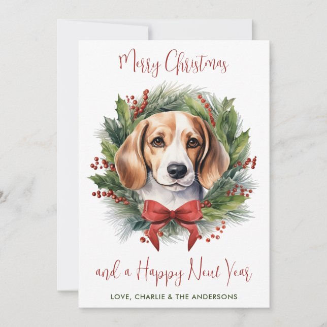 Cartes Pour Fêtes Annuelles Chien beagle Guirlande personnalisée Joyeux Noël (Devant)