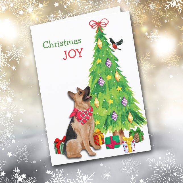 Cartes Pour Fêtes Annuelles Chien berger allemand, oiseau et arbre de Noël (Créateur téléchargé)