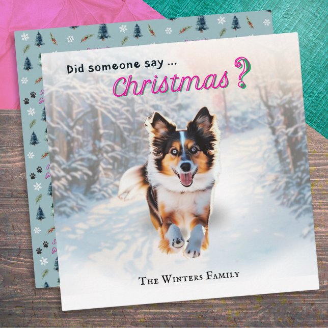 Cartes Pour Fêtes Annuelles Chien Berger Australien drôle dans la neige (A Christmas card with joyful-looking Australian Shepherd dog running through snow)