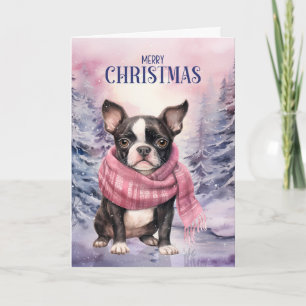 Cartes Pour Fêtes Annuelles Chien Boston Terrier Joyeux Noël Forêt Rose