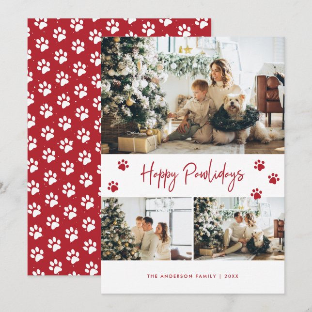 Cartes Pour Fêtes Annuelles Chien Chat Propriétaire Rouge Photo Joyeux Pawlida (Devant / Derrière)