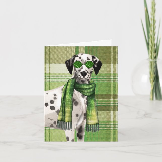 Cartes Pour Fêtes Annuelles Chien dalmate élégant avec Vert Plaid Noël (Devant)