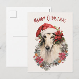 Cartes Pour Fêtes Annuelles Chien de Borzoi Santa Hat Rouge Poinsettias Noël