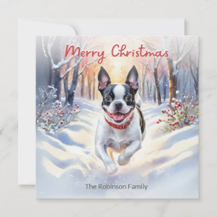 Cartes Pour Fêtes Annuelles Chien de Boston Terrier mignon en hiver Noël de ne
