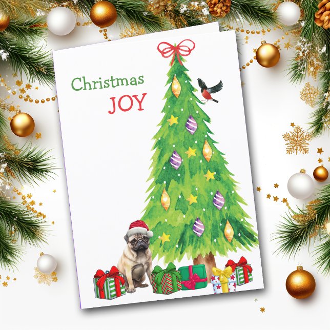 Cartes Pour Fêtes Annuelles Chien de carlin, Oiseau et Arbre de Noël (Créateur téléchargé)