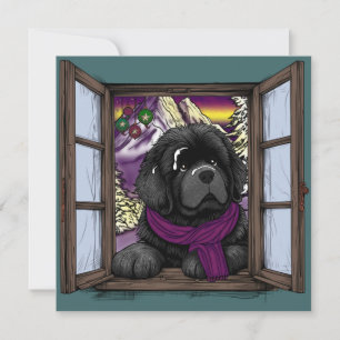 Cartes Pour Fêtes Annuelles Chien de chiot de fenêtre neigeux