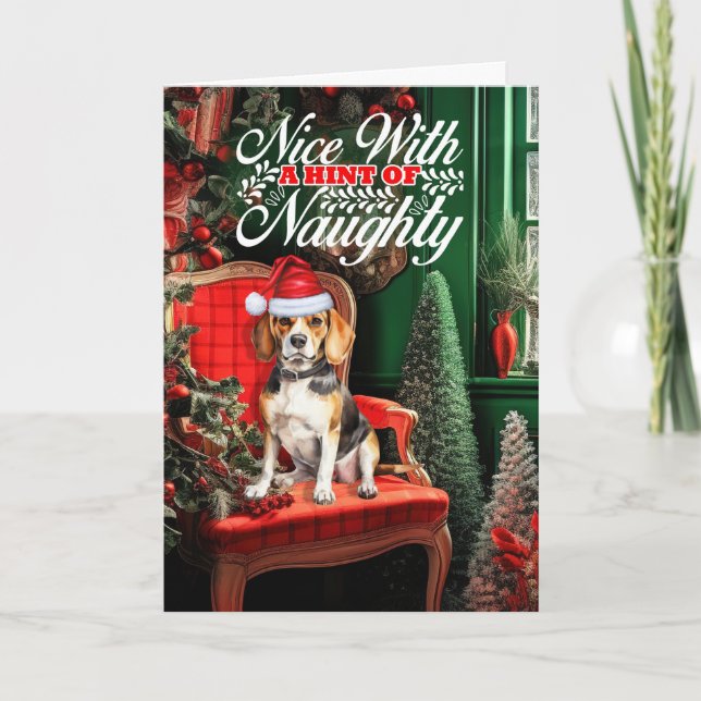 Cartes Pour Fêtes Annuelles Chien de Noël beagle Naughty ou Nice (Devant)