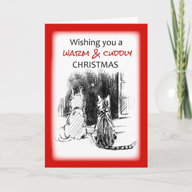 Cartes Pour Fêtes Annuelles Chien et chat regardant par la fenêtre, Noël (Devant)
