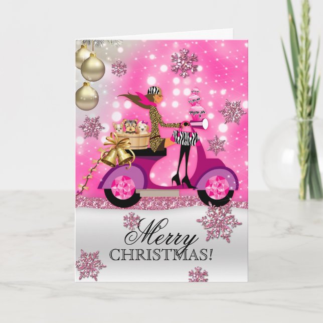 Cartes Pour Fêtes Annuelles Chien Groomer Vet Noël Scooter Girl Mobile Animal (Devant)