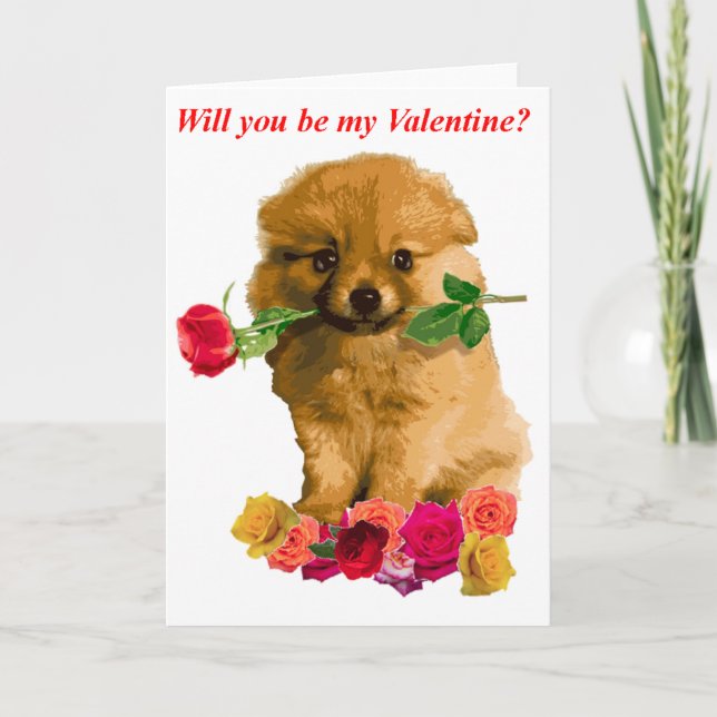 Cartes Pour Fêtes Annuelles Chien Poméranien Be My Valentine Roses (Devant)