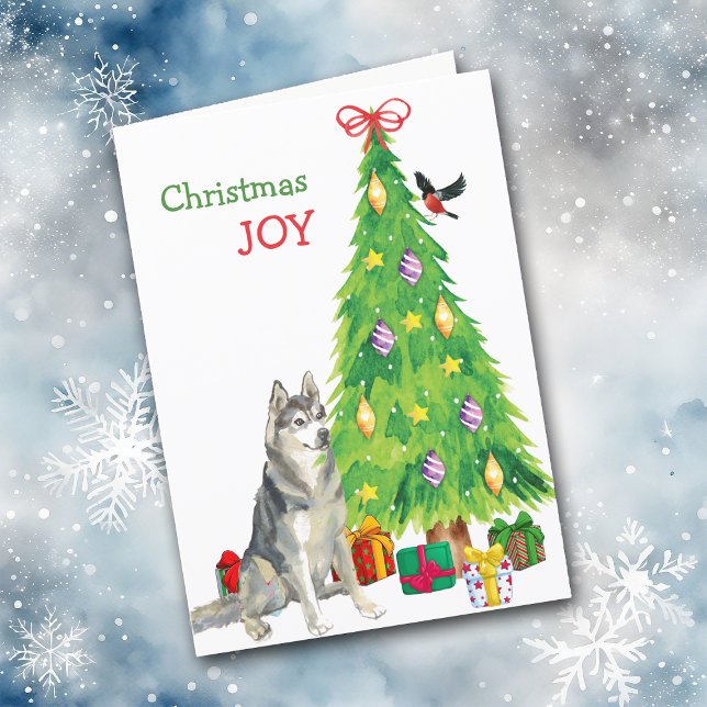 Cartes Pour Fêtes Annuelles Chien sibérien Husky et Arbre de Noël (Créateur téléchargé)