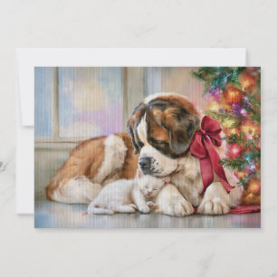 Cartes Pour Fêtes Annuelles Chien St. Bernard Kitten blanc Cheminée Noël