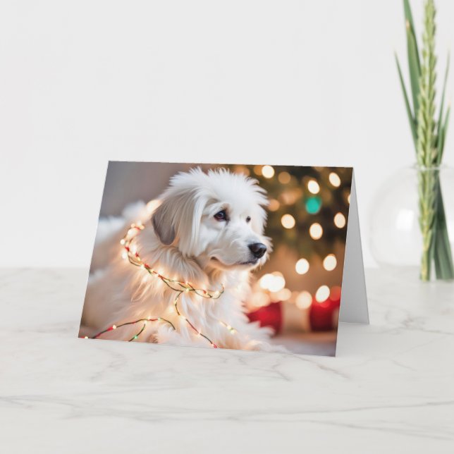 Cartes Pour Fêtes Annuelles Chien Tangé Dans Les Lumières De Vacances (Devant)