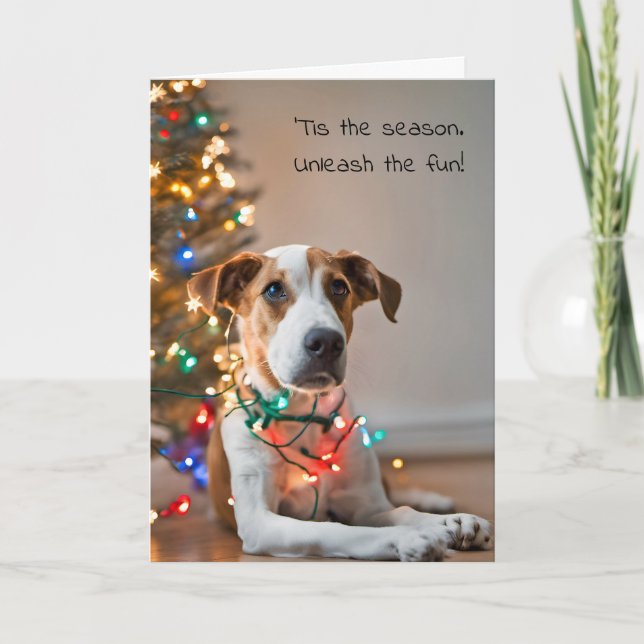 Cartes Pour Fêtes Annuelles Chien Tangé Dans Les Lumières De Vacances (Devant)