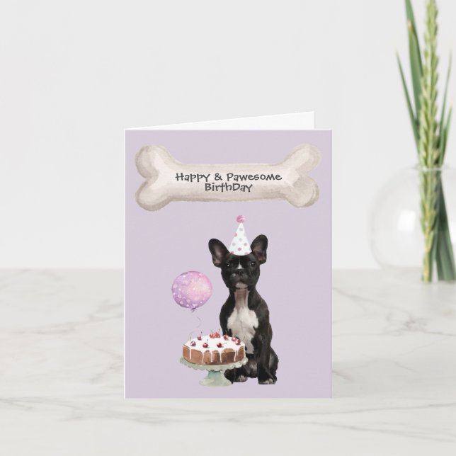 Cartes Pour Fêtes Annuelles Chien-taureaux français noir assis gâteau d'annive (Devant)