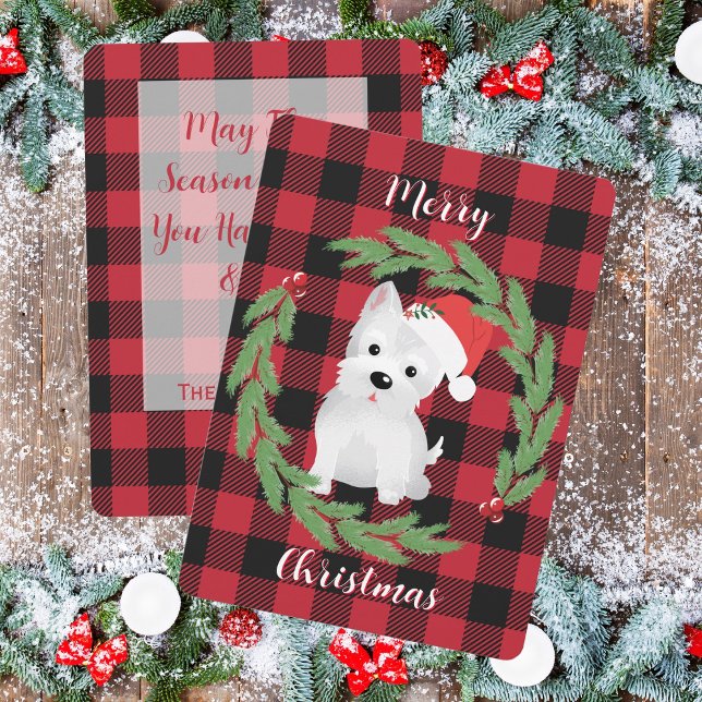 Cartes Pour Fêtes Annuelles Chien West Highland avec chapeau de Santa Buffalo  (Merry Christmas West Highland Dog With Santa Hat Buffalo Plaid)