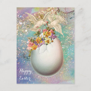 CARTES POUR FÊTES ANNUELLES CHIENS BLANCS, OEUFS DE PÂQUES, FLEURS JAUNES ROSE