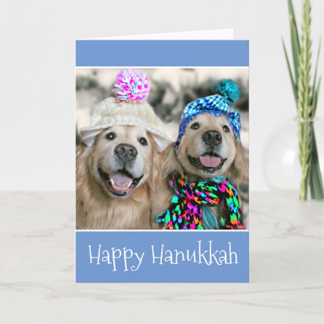 Cartes Pour Fêtes Annuelles Chiens d'or retriever en Casquette d'hiver Hanoukk (Devant)