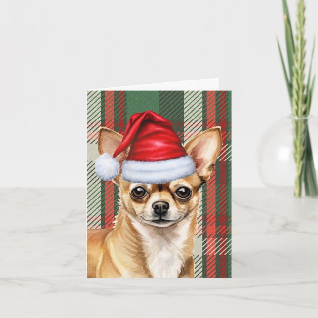 Cartes Pour Fêtes Annuelles Chihuahua Père Noël Chien Rouge Vert Plaid Noël (Devant)
