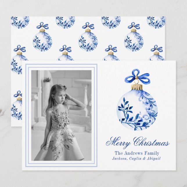Cartes Pour Fêtes Annuelles Chinoiserie Bleu & Blanc Ornement de Noël Photo (Devant / Derrière)