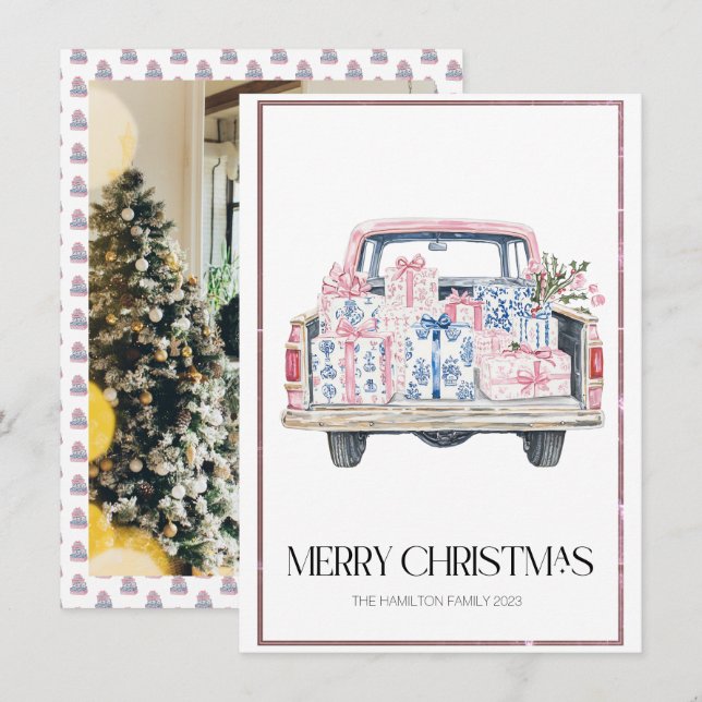 Cartes Pour Fêtes Annuelles Chinoiserie Camion de Noël Preppy Photo (Devant / Derrière)