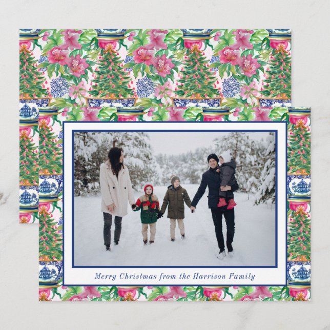 Cartes Pour Fêtes Annuelles Chinoiserie Ginger Jar Photo sapin de Noël (Devant / Derrière)