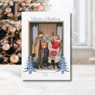 Cartes Pour Fêtes Annuelles Chinoiserie Noël Pagode Bleu Poussiéreux 1-Photo