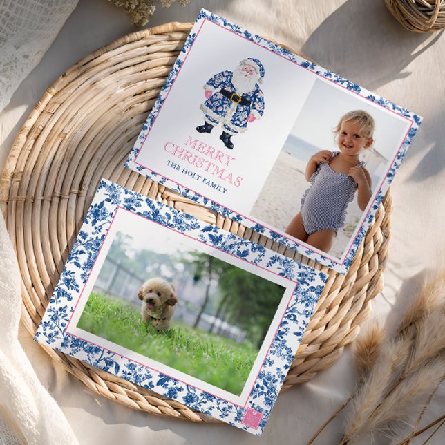 Cartes Pour Fêtes Annuelles Chinoiserie rose bleu Toile Noël Père Noël Photo (Créateur téléchargé)
