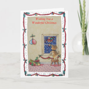 Cartes Pour Fêtes Annuelles chiot brun mignon observant Noël de traîneau de